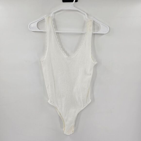 Aura bodysuit white stretchy vneck lace small one size - Picture 1 of 3
